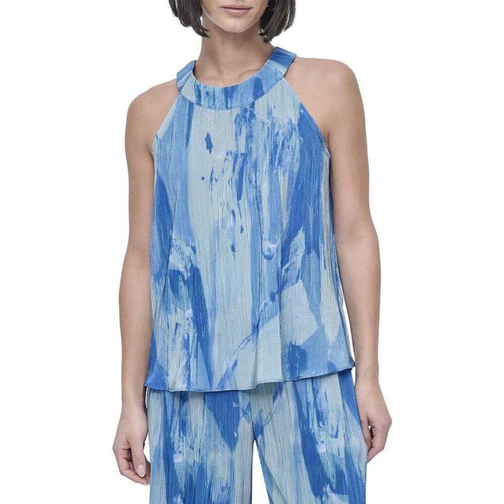 Dkny Womens Printed Plisse Top, Blue